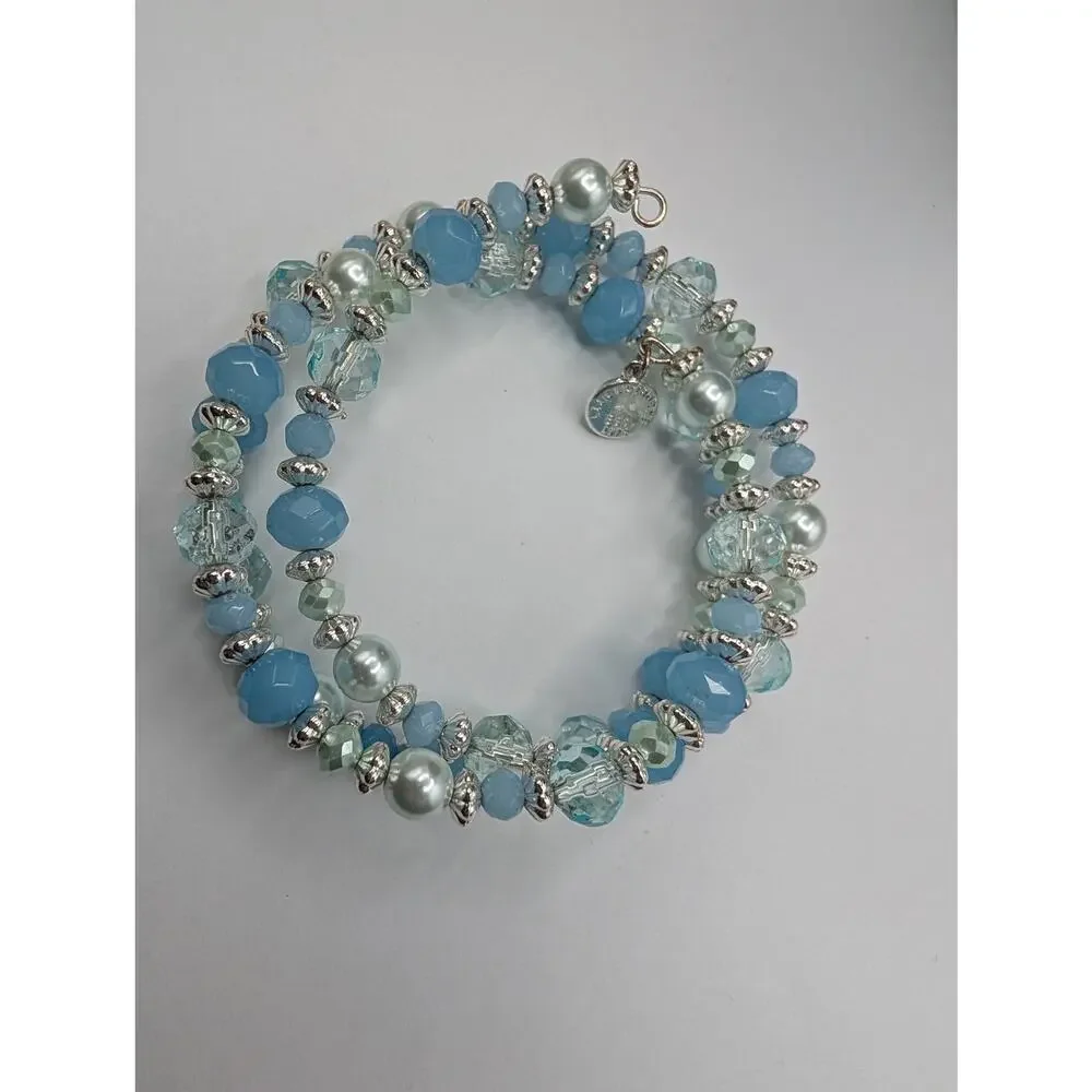 Liz Claiborne Blue Aqua Pearl Beaded Memory Wire Coil Bracelet Charm Fashion